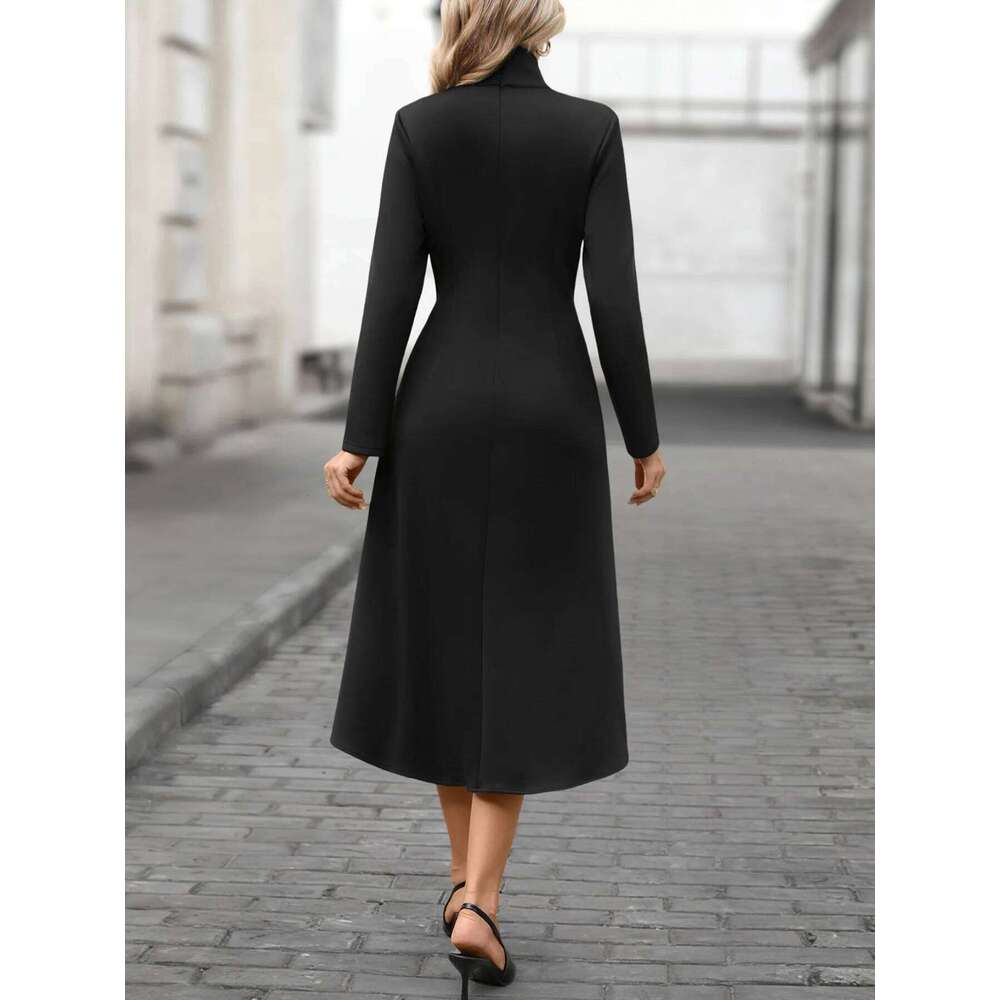 Elegant Solid Color Holiday Party Spring Autumn High Collar Slim Wide Hem Elastic Knitted Fabric Midi Long Sleeve Dress XJ260225