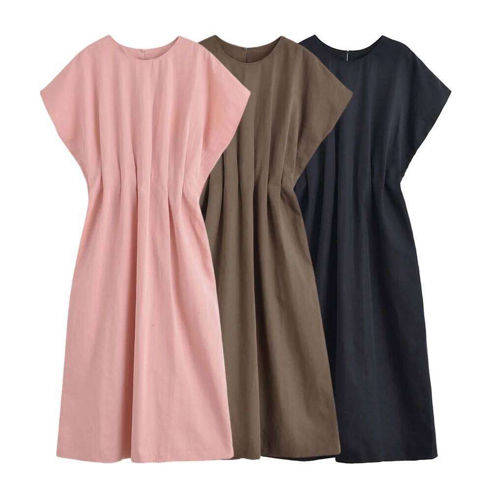 2025 Summer New Women's Clothing Round Neck Pleated Decorative Short Sleeve Slim Long Skirt Midi Dress XJ260225