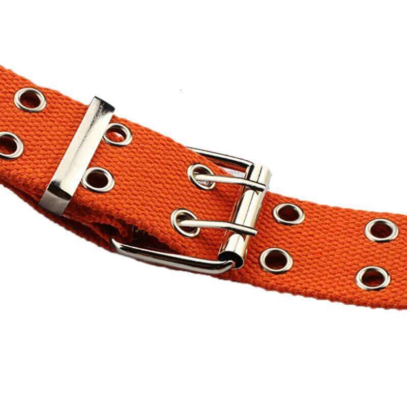 Women Studded Grommet Hole 2 Row Pin Buckle Canvas Nylon Belt Waistband 105cm Y260225
