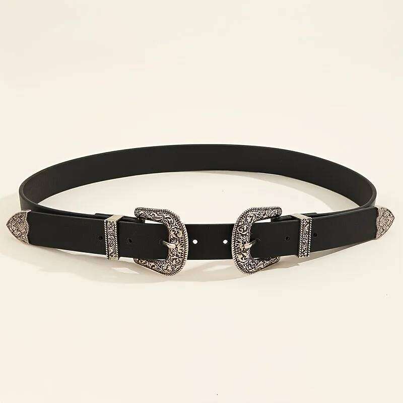 Women's Vintage Carved Men's Fashion Double Buckle Belt Hip Hop Rock Y2K Style PU Belt, Suitable for Men Women Y260225