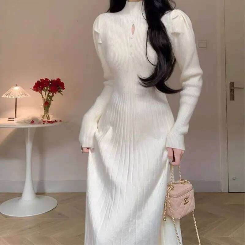 Solid Half High Collar Long Sleeve Jersey Dress Elegant Fashion Harajuku Slim Fit Female Clothes Casual Sweat All Match Dresses XJ260225