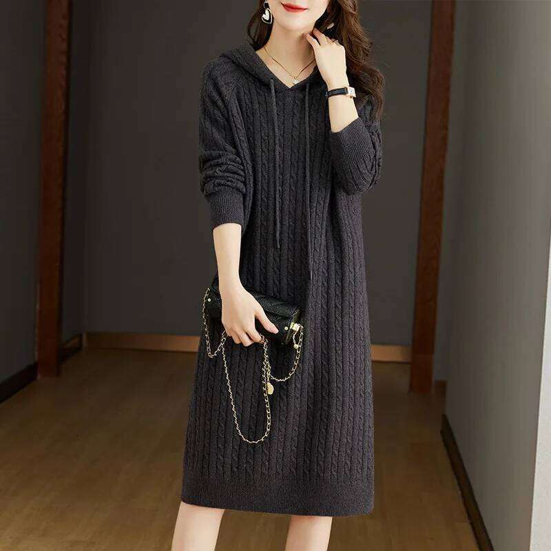 Autumn Winter Women's Thickened Hooded Dress Loose Sweater Long Sleeve Knitted Dresses XJ260225
