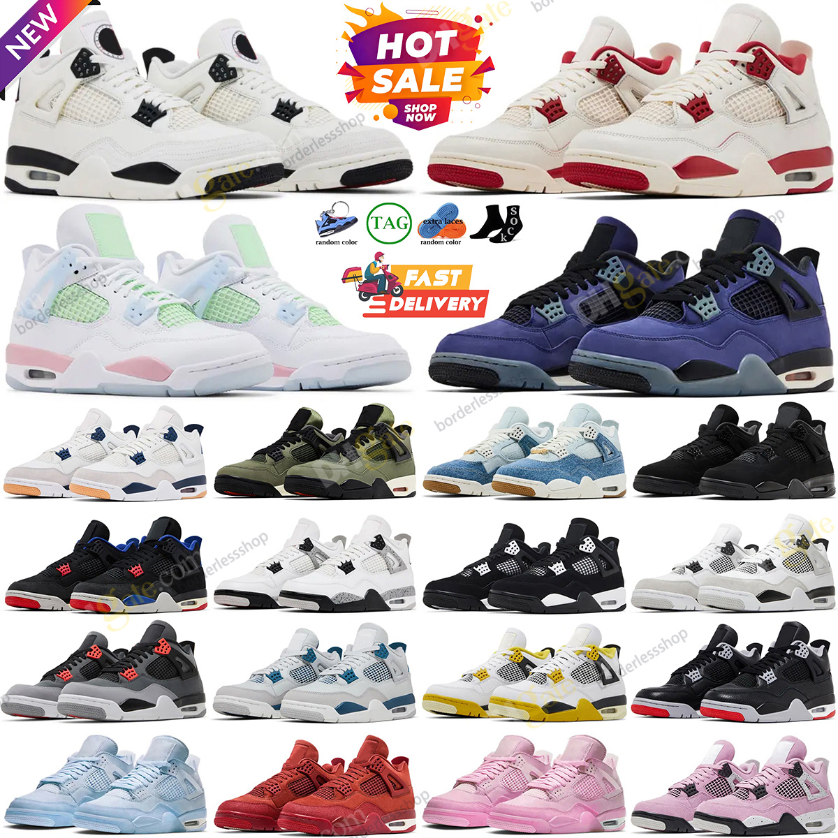 Designer Basketball shoes 4 4s Black Cat Imperial Purple Red White Cement Yellow Thunder Cool Grey University Blue Pink shoes Men Women Sneaker Sport Trainer