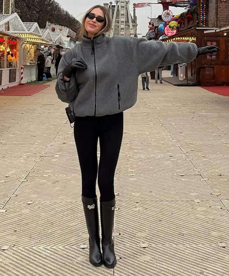 Women's wool stand up collar jacket casual gray zipper drawstring warm jacket 2026 autumn and winter fashionable women