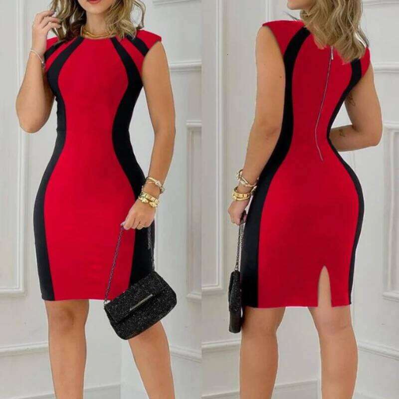 Elegant Women Party Club Dresses 2025 Summer Fashion Colorblock Round Neck Bodycon Sleeveless Casual Mini Black Dress XJ260225