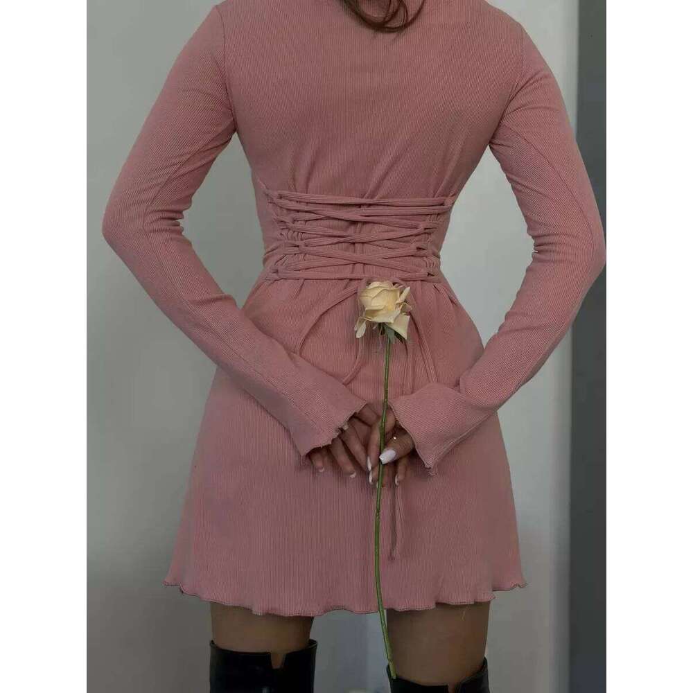 Sexy Slim Mini For Women Lace Up Knitting Dress Long Sleeve Hip-covering Autumn Winter Fashion Gown Dresses Lady Vestidos XJ260225