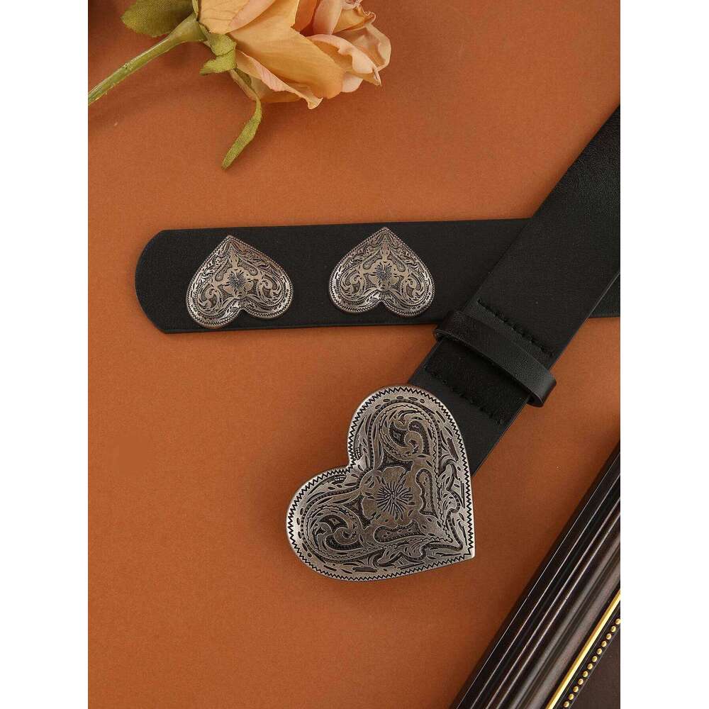 1pc women's black punk y2k engraved metal buckle heart-shaped tail jeans belt suitable for daily travel Y260225