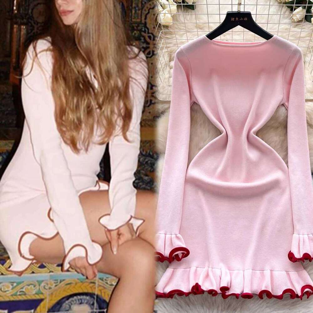 YuooMuoo Chic Fashion Sexy Wrap Hips Knitted Mini Autumn Winter Long Sleeve Ruffled Bodycon Party Dress Streetwear Outfits XJ260225
