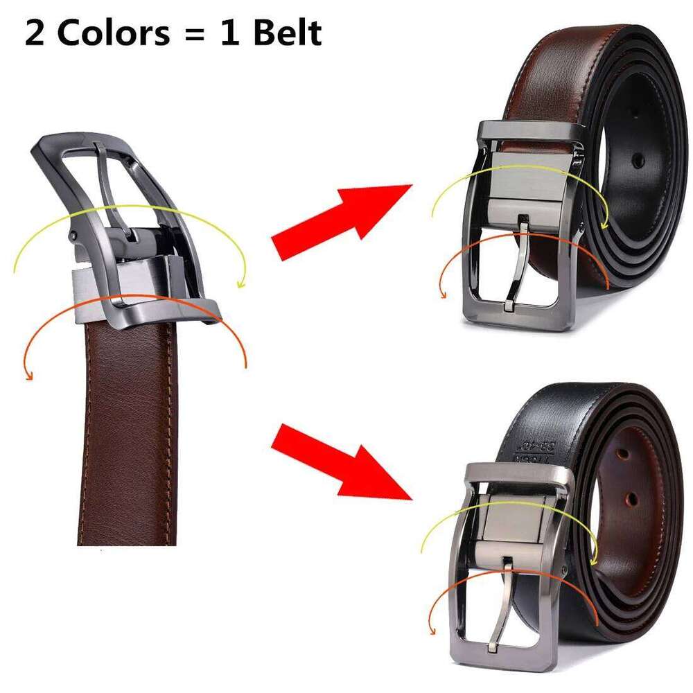 1Pcs Men's Genuine Leather Reversible Belt Rotated Buckle Two In One Big And Tall Y260225
