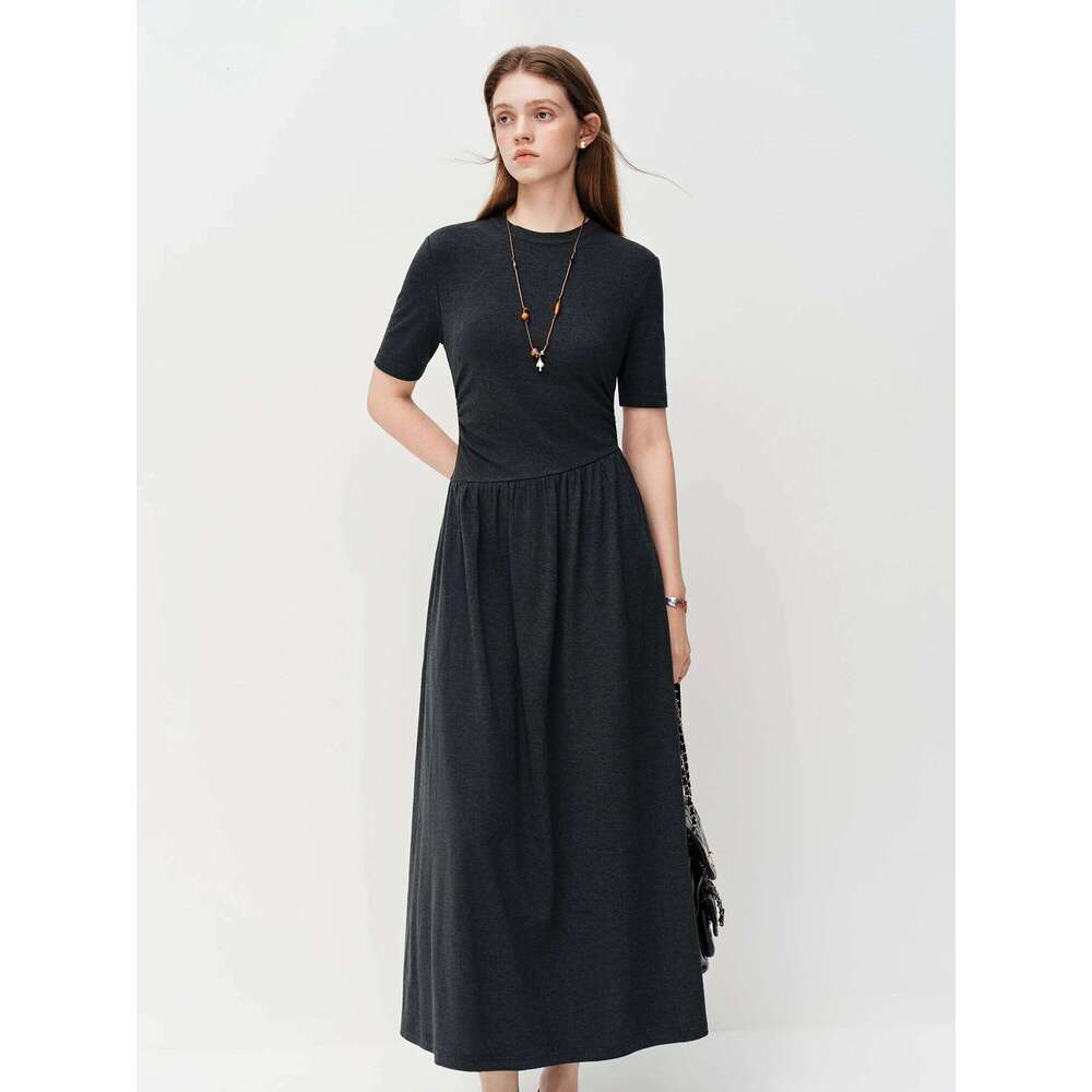 FSLE 2026 Spring Women's Pleated A-Line Long Dark Grey High Waist-Cinching Office Shift Loose Fit Maxi Dress Casual XJ260225