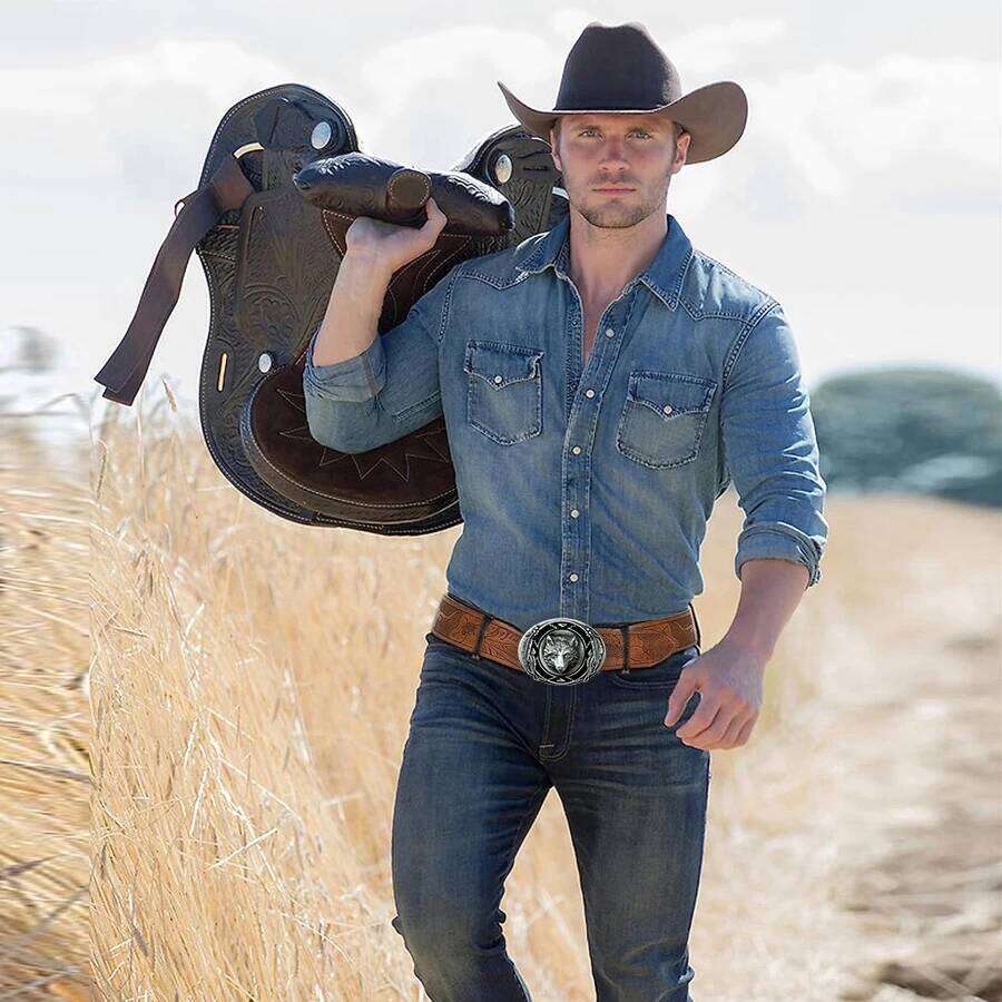 1pc men's Western style belt, wolf head, carved floral patterns and long horn decorations, retro style, great Valentine's Day gi Y260225