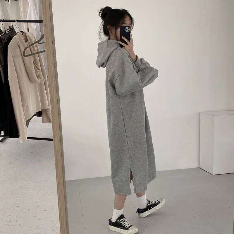 Hooded Dresses for Women Autumn Winter Baggy Plus Velvet Sporty College Midi Simple Korean Style Basic Young Fashion Vestidos XJ260225