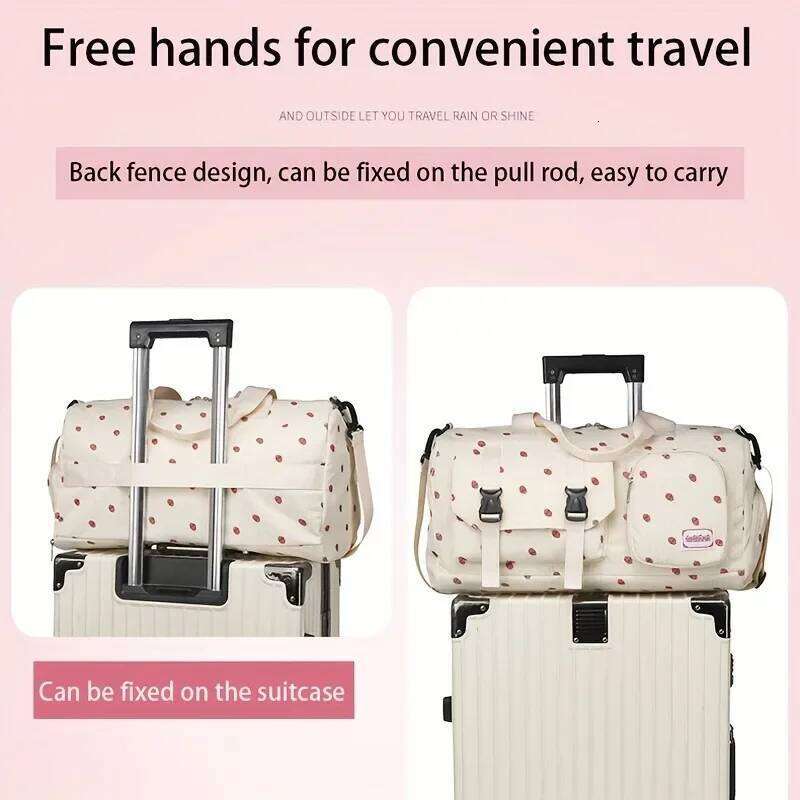 Large Capacity Strawberry Print Duffel Bag with Multiple Compartments, Durable Nylon Casual Gym & Travel Bag, Secure Zippers Y260225