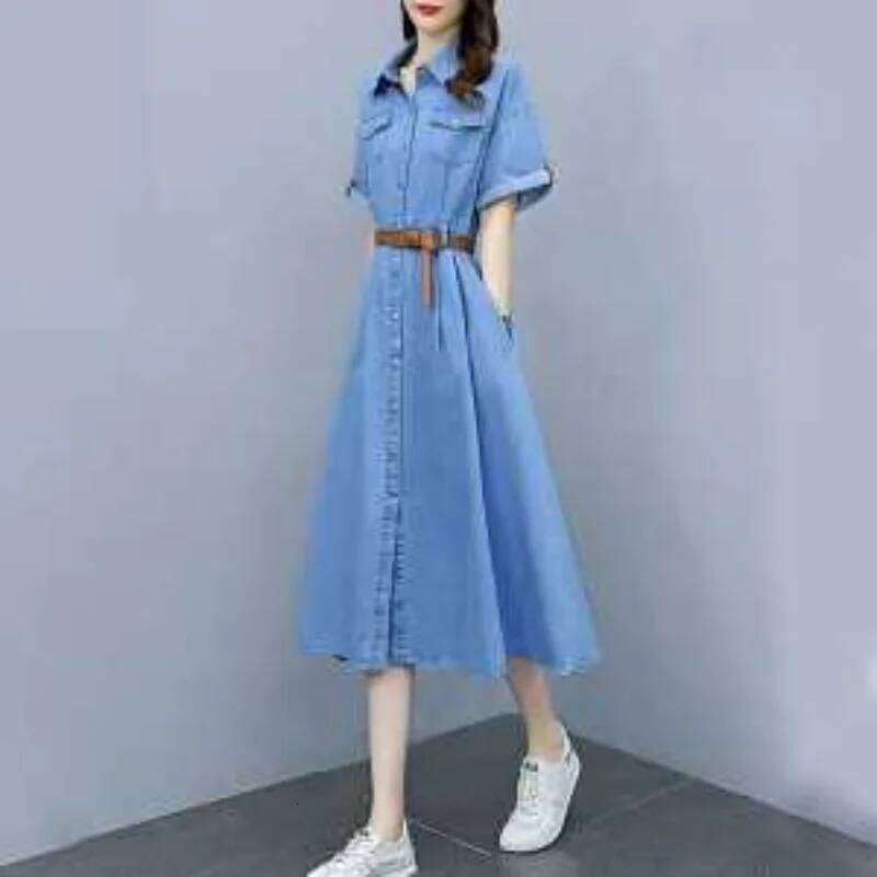Women Denim Shirt Half Sleeve Button Front Belted Waist A-Line Mid-Calf Casual Summer Workwear Long Dress XJ260225