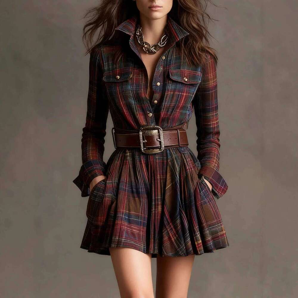 French Retro Plaid Print Slit Dresses Woman Elegant Turn-down Collar Button Maxi Autumn Long Sleeve Pocket Boho Dress XJ260225