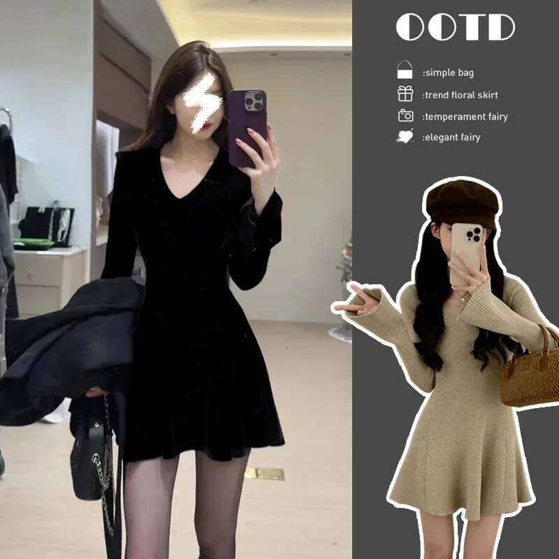 French Style V-neck A-Line Mini Dress Long Sleeve Knitted Slimming Women's Clothing Soft Sexy Vibe Waist-Defining Autumn Winter XJ260225