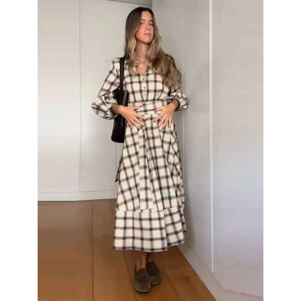 HipSeam Women Check Shirt with Belt Spring Autumn O Neck Button Women's Long Dress Flared Hem Female Chic Midi Dresses XJ260225