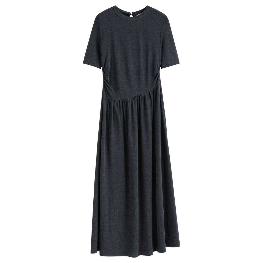 FSLE 2026 Spring Women's Pleated A-Line Long Dark Grey High Waist-Cinching Office Shift Loose Fit Maxi Dress Casual XJ260225