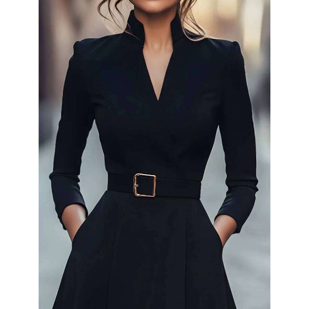 Women's Autumn Winter V-Neck Long Sleeve A-Line Skirt Slimming Waist Belted Medium-Length Commuter Fashion XJ260225