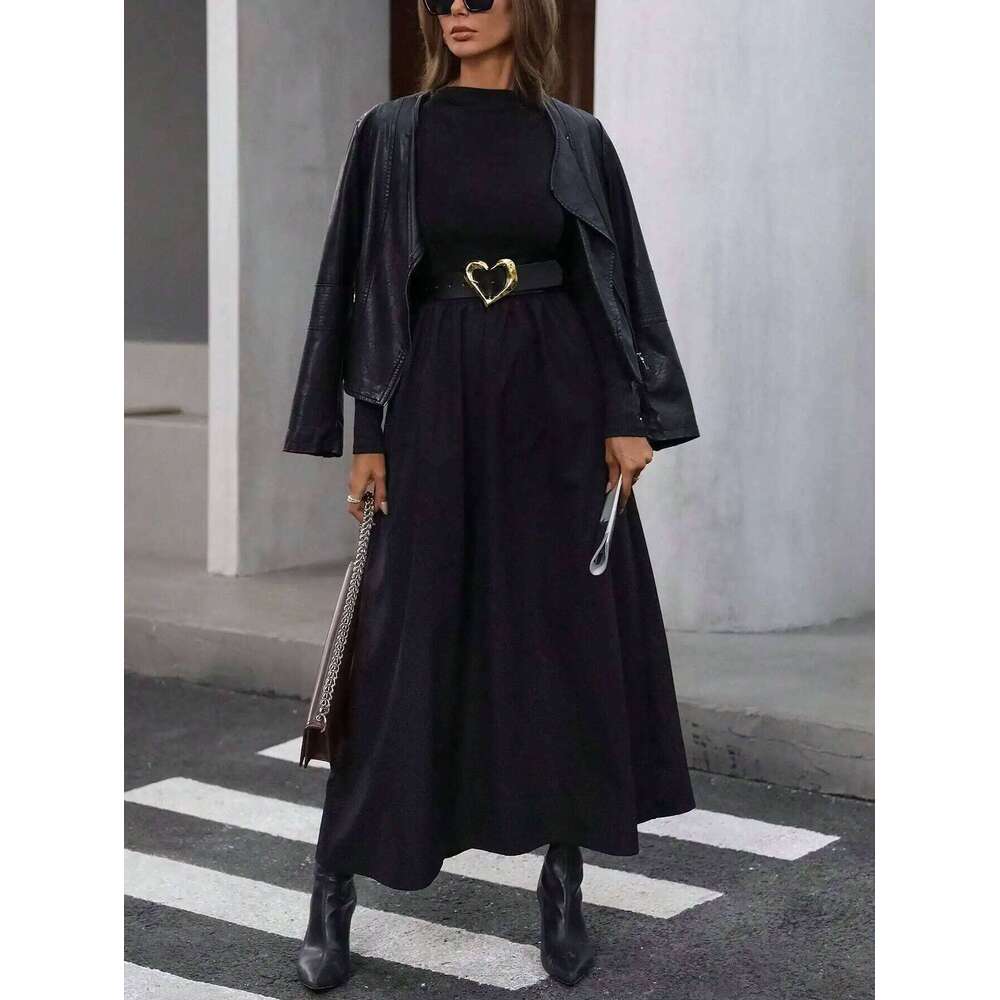Women's Black Mock Neck Long Sleeve Maxi Dress High Waisted Flowy Skirt Slim Fit Elegant Casual Daily Office Date Wear XJ260225
