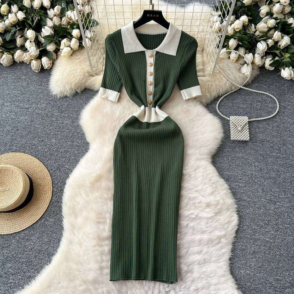 REALEFT Short Sleeve Polo Collar Patchwork Knitted Dress for Women 2025 New Spring Summer Buttons French Style Women's Dresses XJ260225