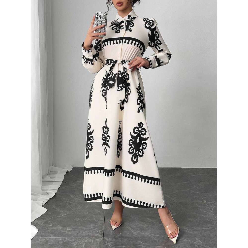 Women's Spring Summer White Black Dresses Retro Ethnic Print Shirt Collar Long Sleeve Tie Waist Midi Dress Elegant Casual Style XJ260225