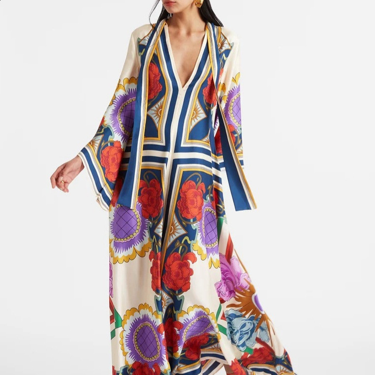 3D Print Spliced Maxi Dress Muslim Women Robes Vintage V Neck Flare Long Sleeve Summer Ladies Elegant Party Casual Dresses 240808