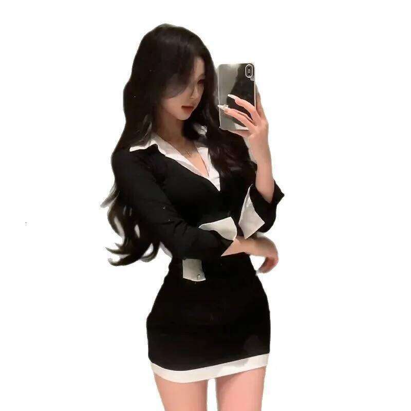 Pure Desire, Sexy, Spicy Girl, Contrasting Colors, Fake Two-Piece Dress, Slim Fit, Slimming, Hip Hugging, Short Skirt XJ260225