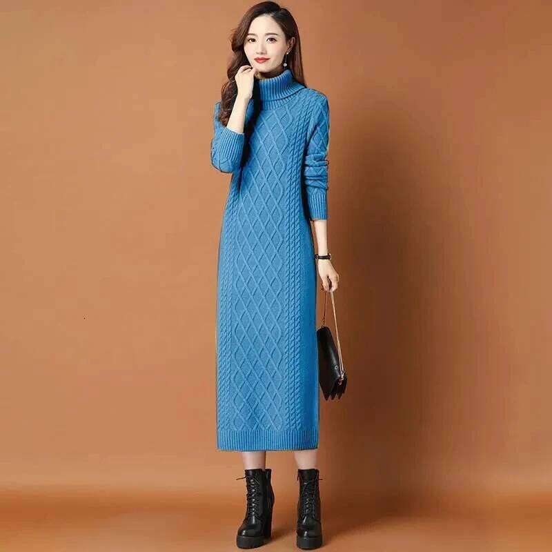 Female High Neck Long Sweater Women Thickened Autumn Winter 2024 New Loose Outer Wear Twist Base Femme Knit Dress Elegant XJ260225