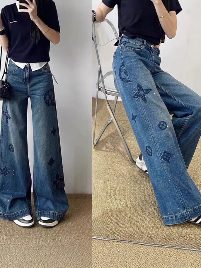 Women's Jeans Spring Autumn Rhinestone-Embellished Straight Leg Slim-Fit Versatile High-End Wide-Leg Jeans