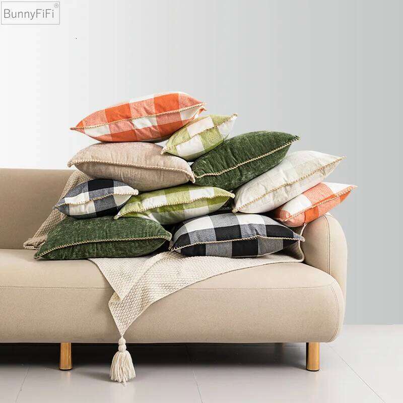 Plaid Cushion Cover for Sofa Faux Linen Black Green Orange Beige 45x45cm 30x50cm 50x50cm Decoration Pillow Case Living Room