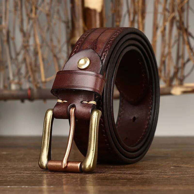 3.8CM Pure Cowhide Genuine Leather Retro Fashion Personality Embossed for Men Luxury Brand Design Male Copper Buckle Belts Y260225