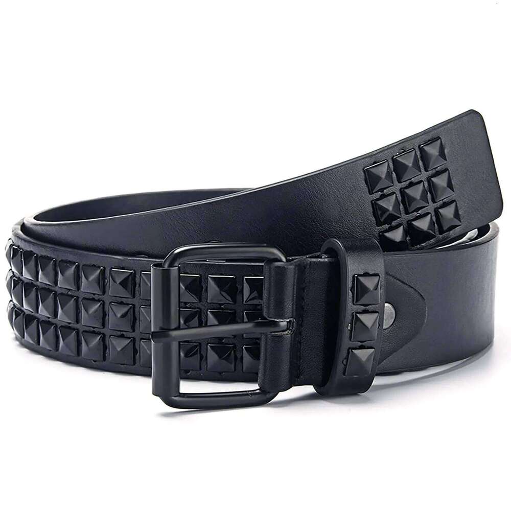 Black Three-Row Rivets Punk Style Fashionable for Men and Women Rock Metal Belt Y260225
