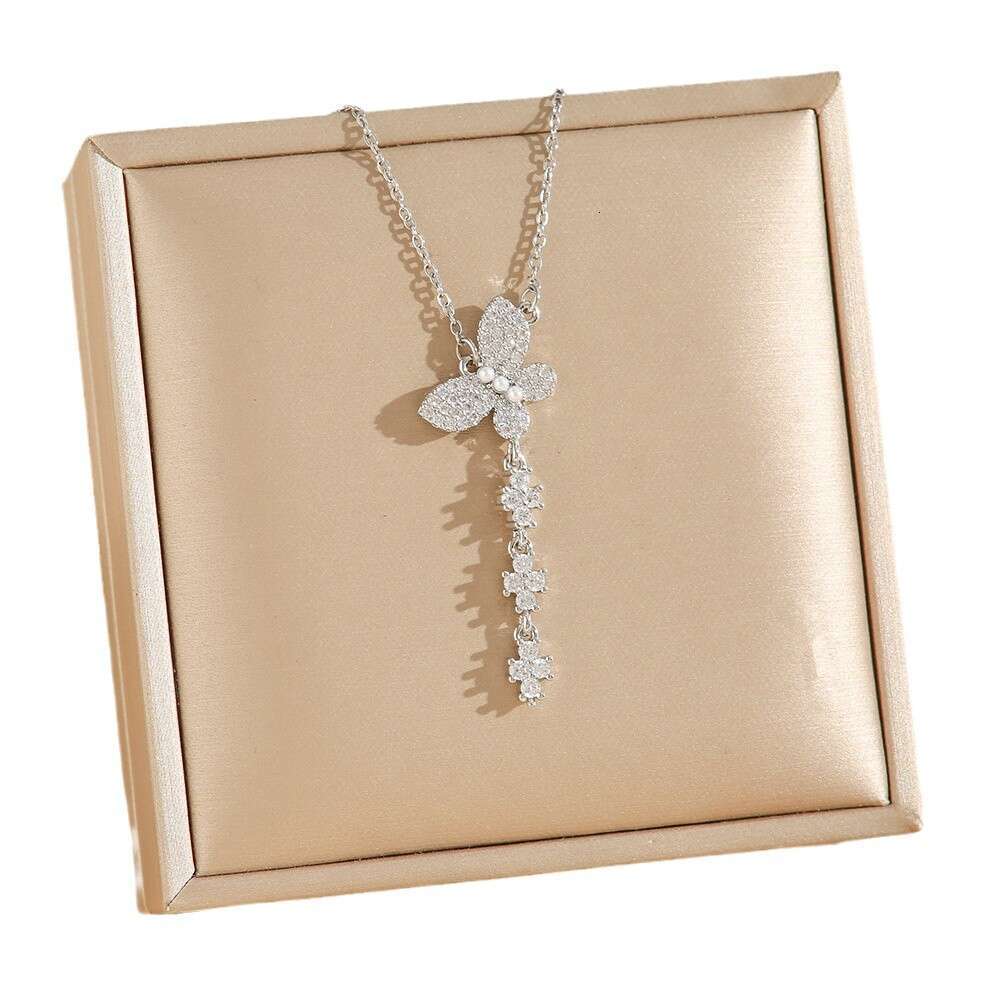 Micro-Inlaid Zircon Butterfly Shell Pearl Tassel Titanium Steel Necklace for Women Light Luxury Niche Design Clavicle Chain