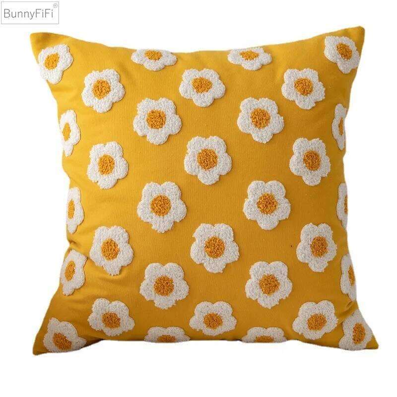 Chic Cushion Daisy Floral 45x45cm/30x50cm White Embroidery Pillow Cover Soft Cozy for living room