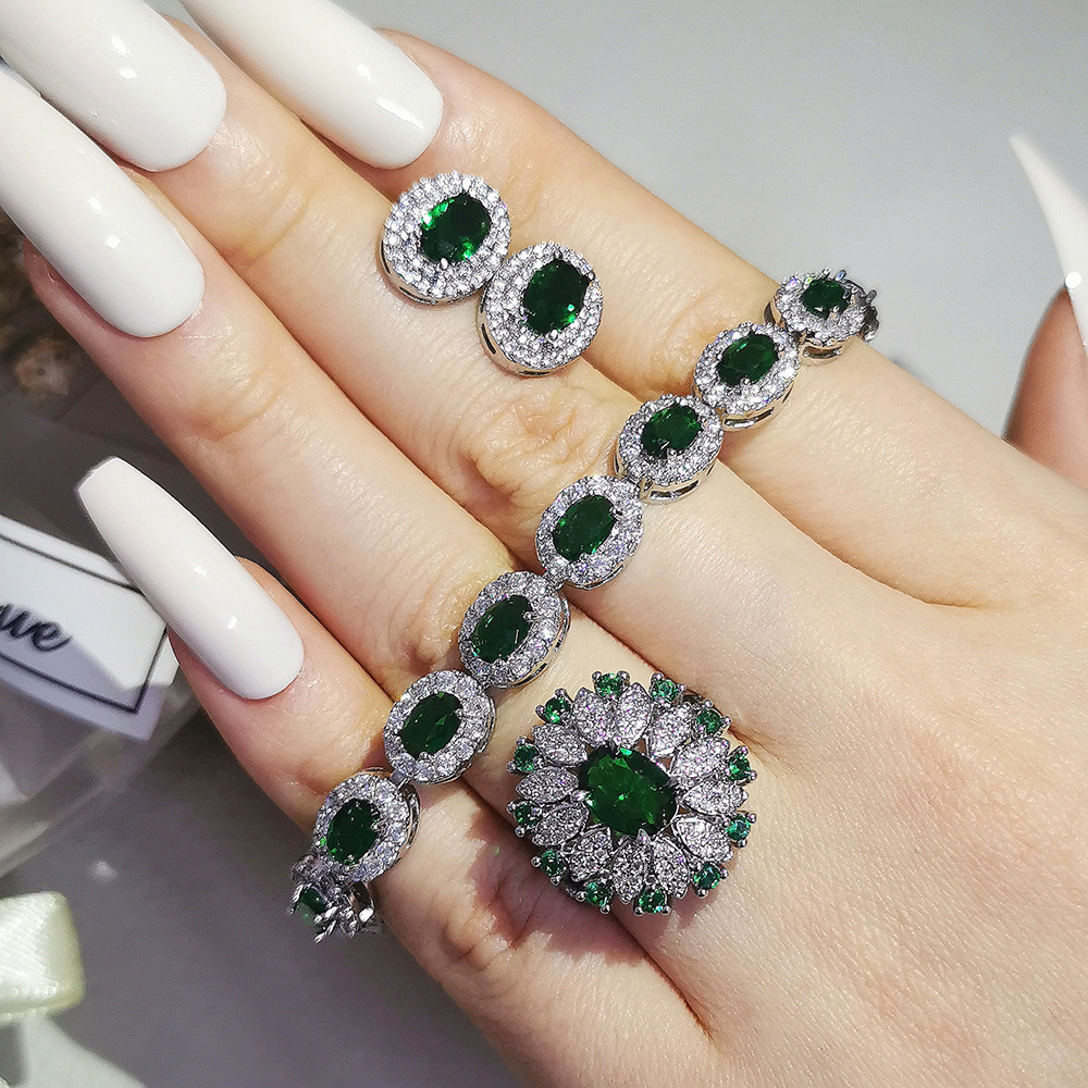 Cross-Border E-commerce Emerald Color Oval Jewelry for Women Three-Piece Set - view 4
