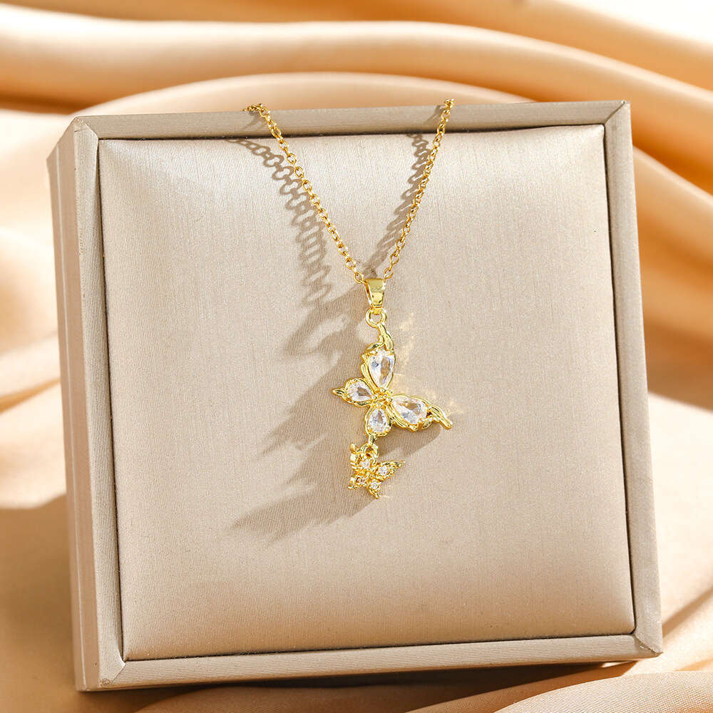 Light Luxury Double Butterfly Titanium Steel Necklace For Women Cross-border Full Diamond Inlaid Zircon Chain