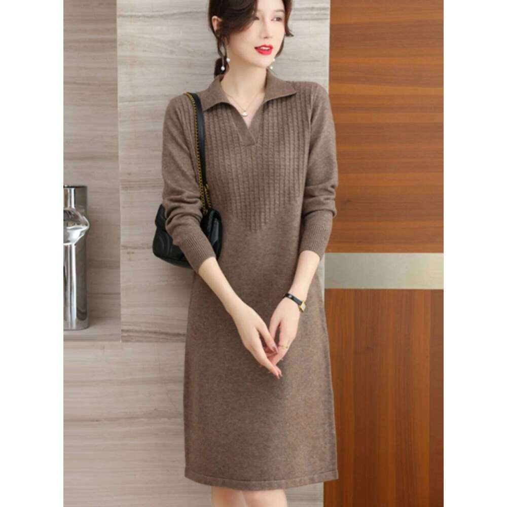 Autumn Winter Polo Collar Women's Knitted Dresses 2025 New Solid Korean Long Sleeve Elegant Bodycon Wrap Dress Female CQ296 XJ260225