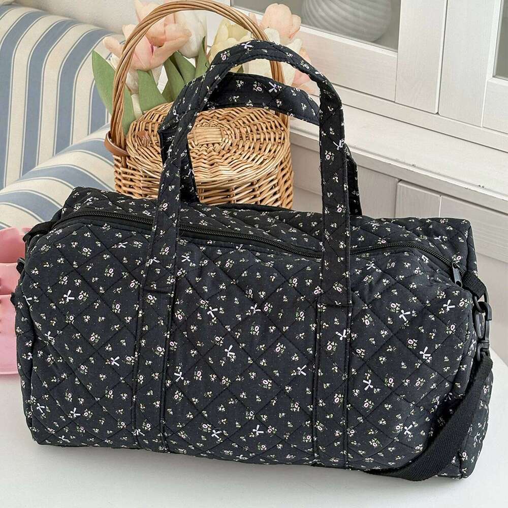 Cotton Quilted with Zipper Overnight Floral Print Tote Bag for Women Weekend Travel Shopping Y260225