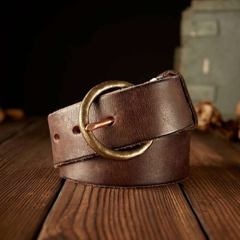 Handmade Vintage Full Grain Cowhide Pants Belt For Men Copper Pin Buckle Casual Genuine Leather Waist Strap Accessories Y260225