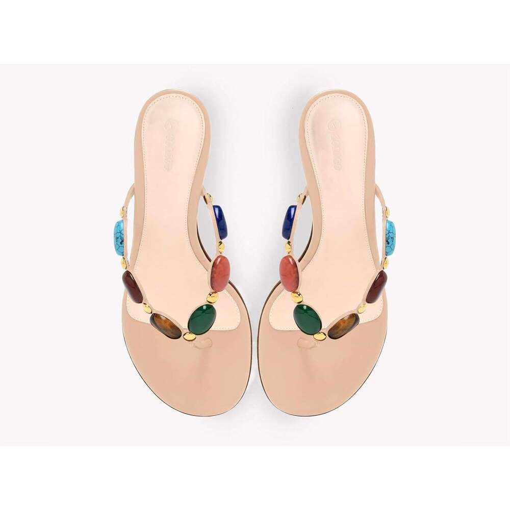 Womens Jeweled Heeled Sandals Kitten Heel Starppy Flip Flop Backless Open Toe Slides Boho Summer Vacation Beach Shoes