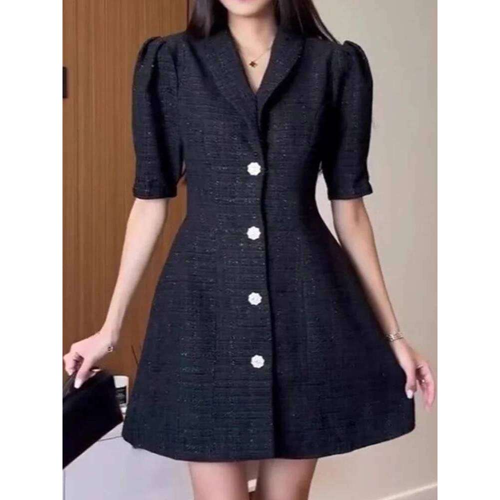 Elegant Lapel Collar Short Women Fashion Button Solid Color A-Line Casual Puffed Sleeves Draped Woolen Dress XJ260225