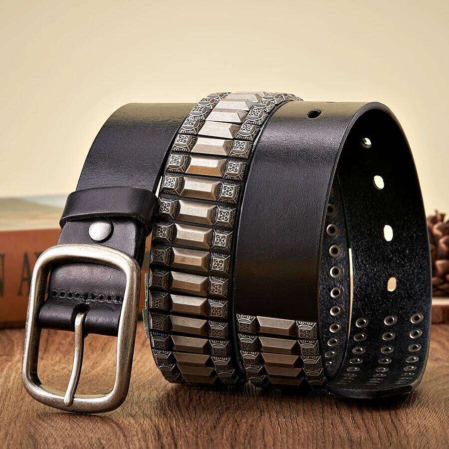 New Cowboy Motorcycle Jeans Heavy Metal Rivet Belts For Men Genuine Leather Belt Punk Rock Male Strap Ceinture Homme Y260225