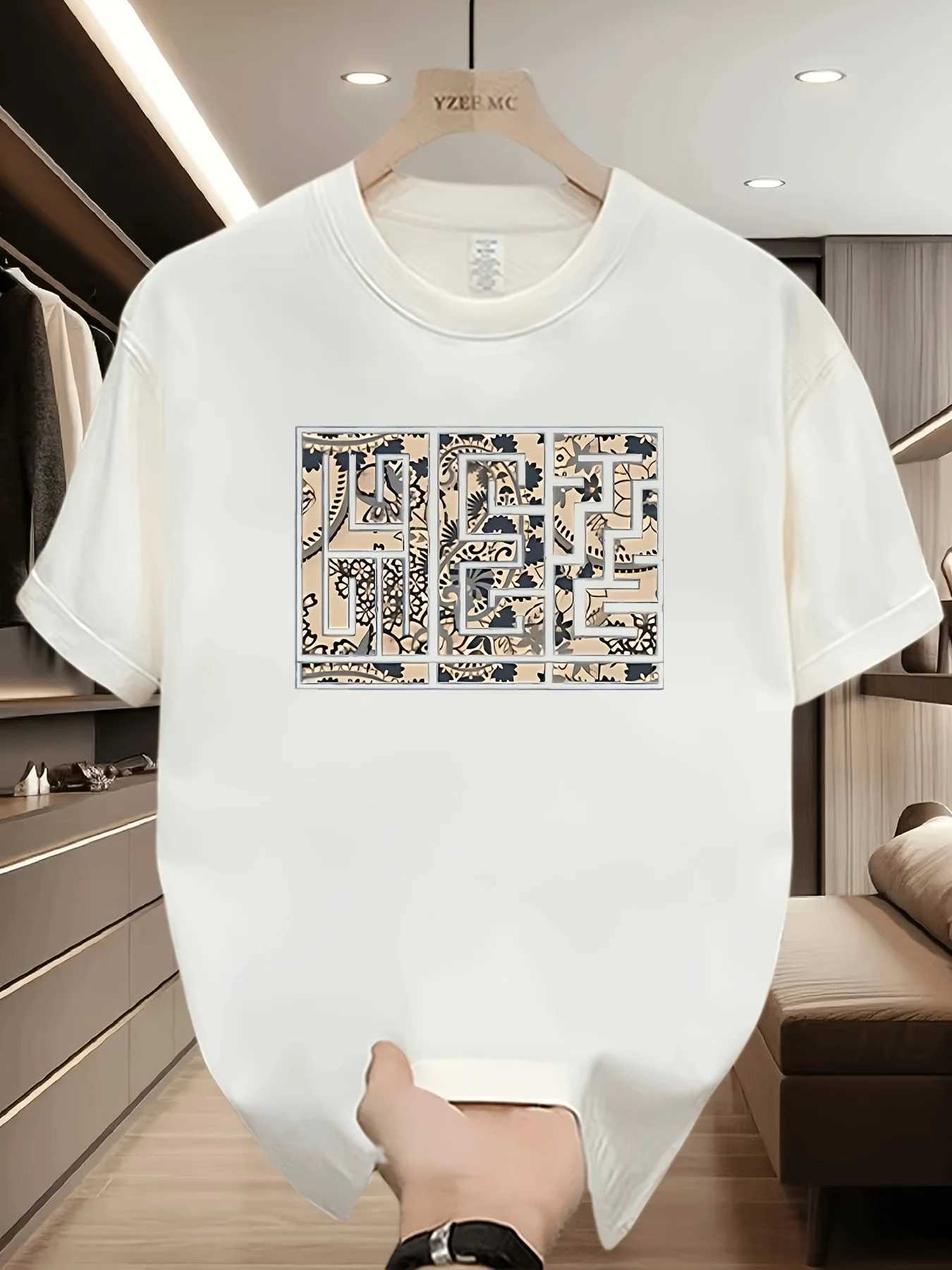 Men's 100% Cotton Oversized T-Shirt Breathable Short Sleeve Round Neck Minimalist Black Grid PrintT260225