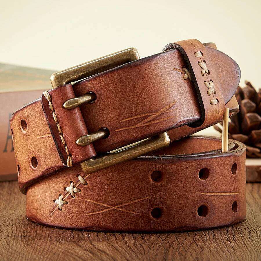 3.8CM Real Genuine Leather Luxury Designer Brass Double Pin Buckle Belts Pure Cowskin Vintage Strap Male Jeans Belt for Men Y260225