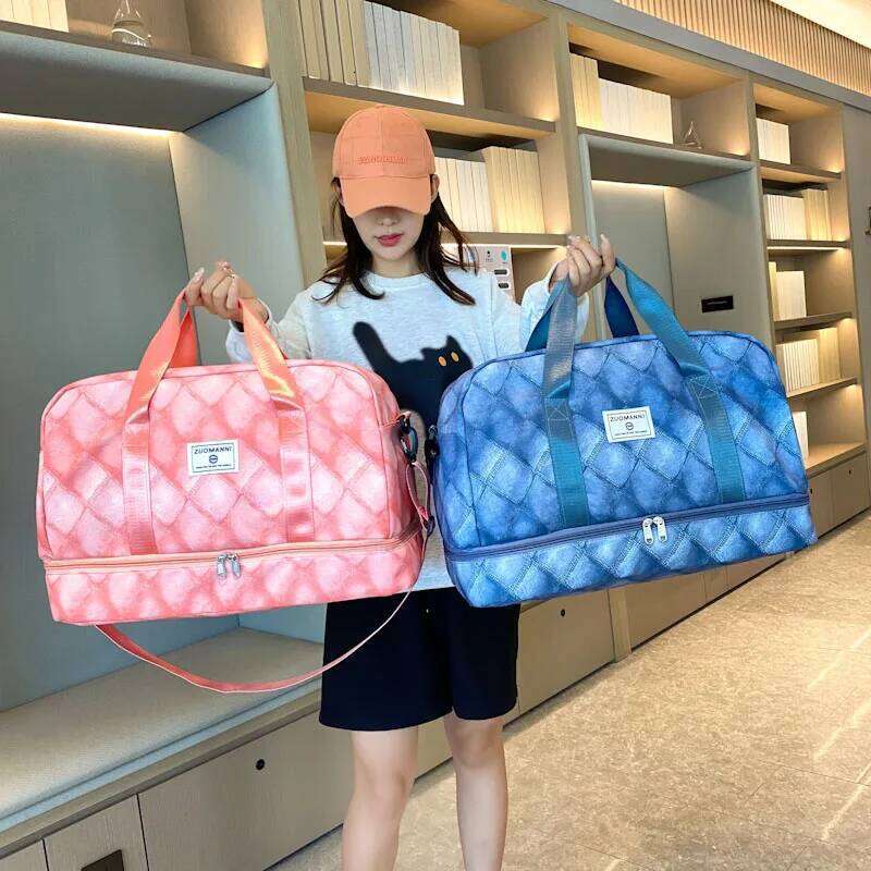 Fashion Denim Grid Shaped Travel Large Capacity, with Independent Shoe Compartment, Storage Handbag, Fitness Yoga Bag, Etc Y260225