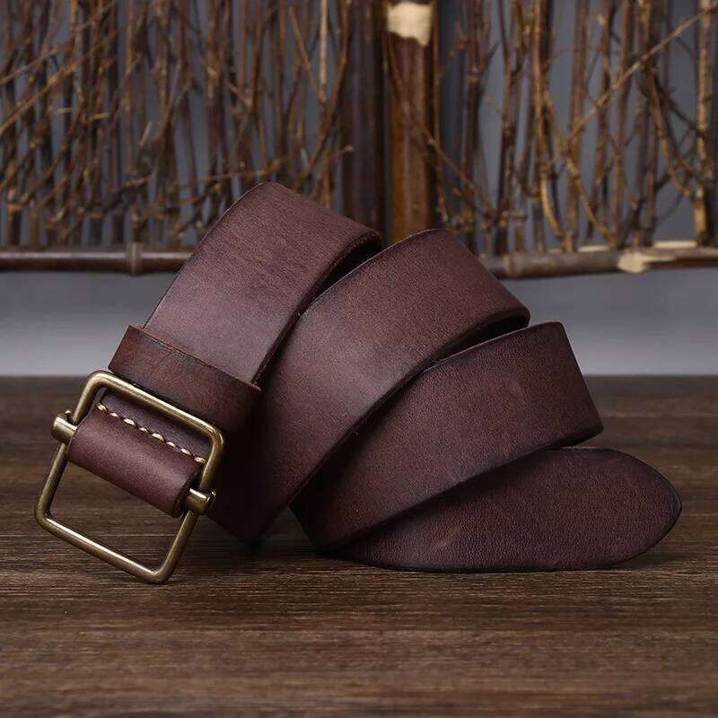New men's non-perforated leather belt, smooth buckle, top layer of cowhide, retro simple and versatile denim belt Y260225