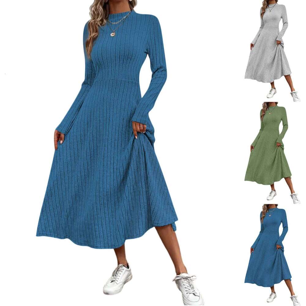 Women Fleece Ribbed Round Neck Solid Maxi Long Sleeve Chic Elegant Ladies Casual Party Dress Slim Fit Fashion Wear XJ260225