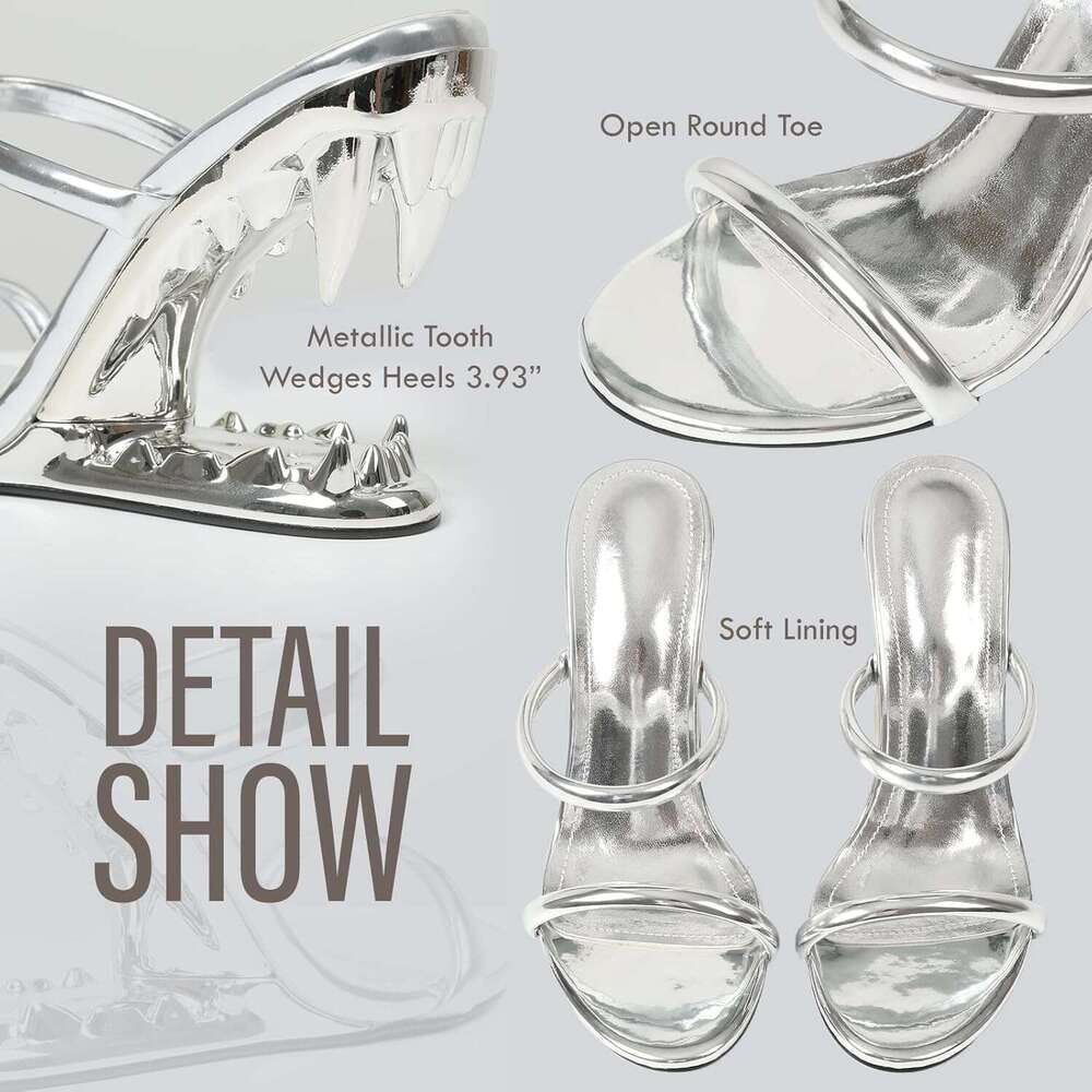 Wedge For Women Strappy Round Open Toe Heels Metallic Shark Tiger Teeth Heeled Sandals Flip Flops Thong Womens Mules Slip On Party Dress Wedding Cerem