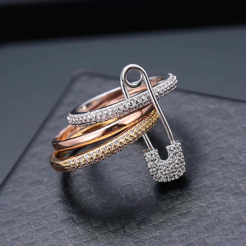 European American Three Color Separable Ring For Women Personality Micro Inlaid Zircon Pin Design Adjustable Finger Ring Fashion Jewelry